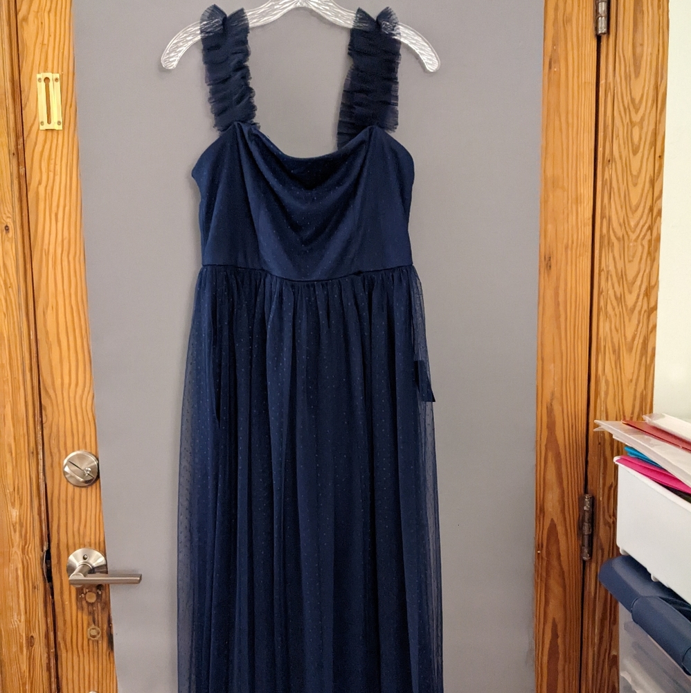 Lulu's Divine Invitation Navy Blue Swiss Dot Ruffled Midi Dress